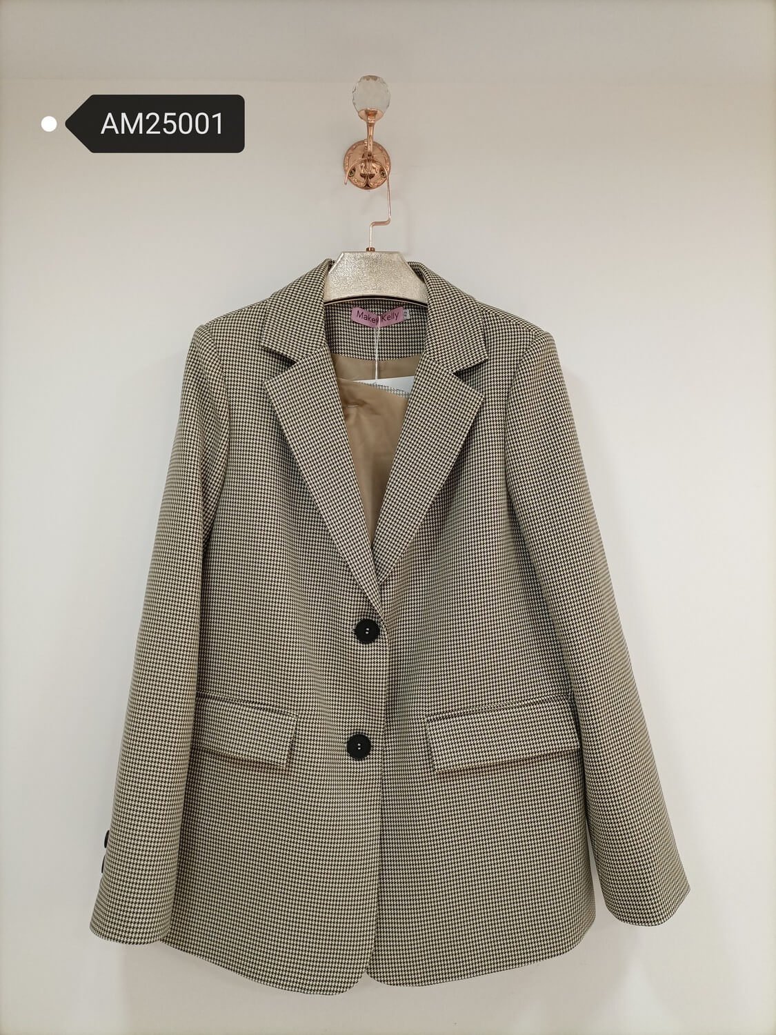 am25001 Houndstooth Structured Blazer – Notch Lapel | MX Craft Studio|Houndstooth Structured Blazer – with waist tie | MX Craft Studio|Houndstooth Structured Blazer – back detail view | MX Craft Studio