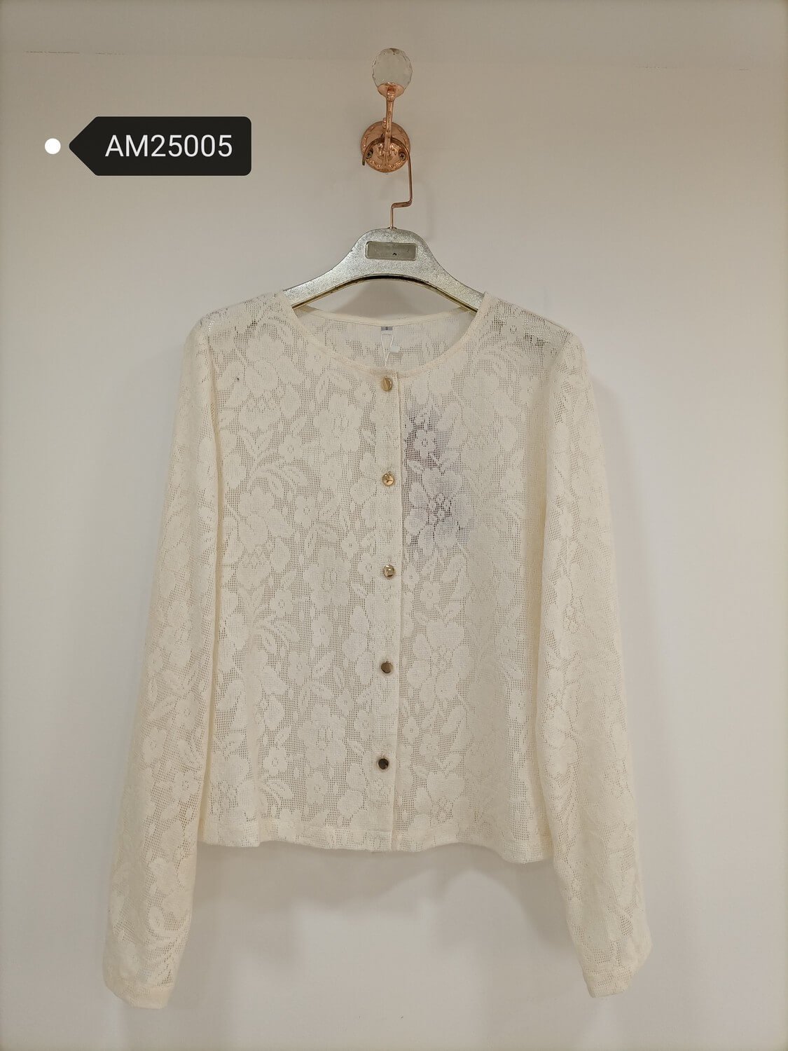 am25005 Floral Lace Sheer Cardigan – Gold Button Knit | MX Craft Studio
