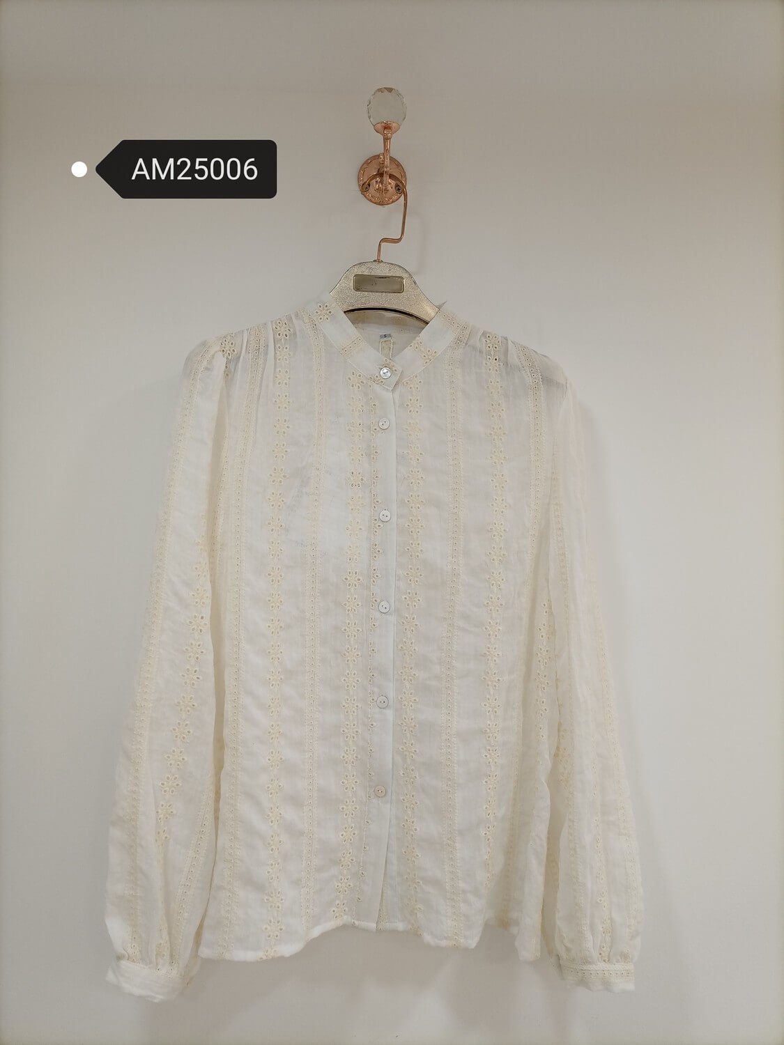 am25006 Eyelet Stripe Button-Down Blouse – Ruffle Trim | MX Craft Studio