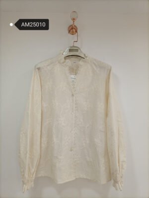 Ruffled Stand Collar Embroidered Shirt – Lace Detail | MX Craft Studio