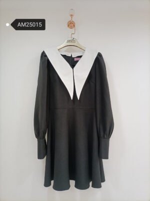 Contrast Double Collar Dress – puff sleeve front view | MX Craft Studio