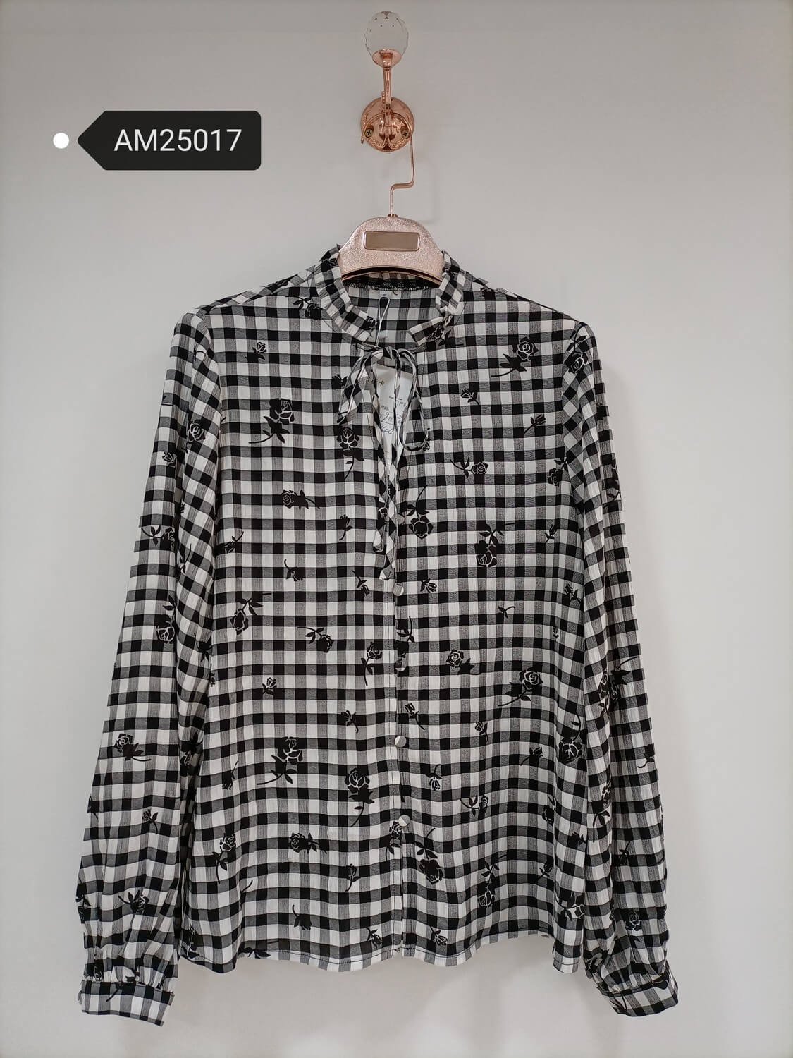 am25017 Rose Overlay Gingham Blouse – tie neck detail | MX Craft Studio