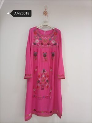 Folk Floral Embroidered Dress – fuchsia pink cotton midi | MX Craft Studio