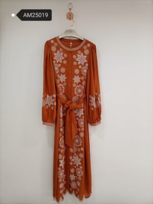 Terracotta Embroidered Shirt Dress – front view | MX Craft Studio|Terracotta Embroidered Shirt Dress – light terracotta variant | MX Craft Studio