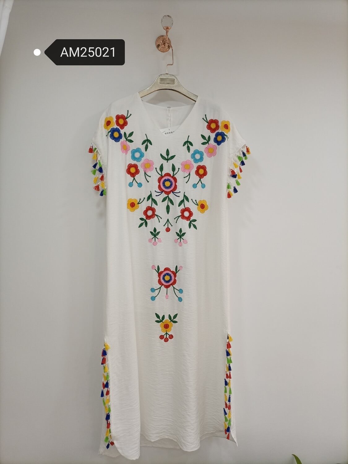 am25021 Vibrant Embroidered Tassel Dress – shift dress front view | MX Craft Studio