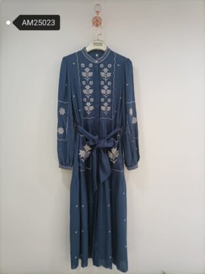Indigo Folk Embroidered Maxi – belt tied front view | MX Craft Studio|Indigo Folk Embroidered Maxi – straight dress layout | MX Craft Studio