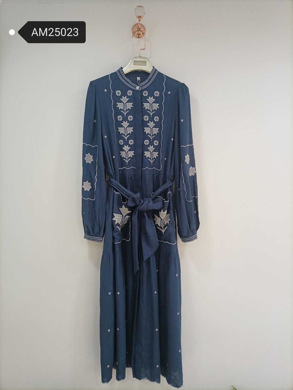 am25023 Indigo Folk Embroidered Maxi – belt tied front view | MX Craft Studio|Indigo Folk Embroidered Maxi – straight dress layout | MX Craft Studio