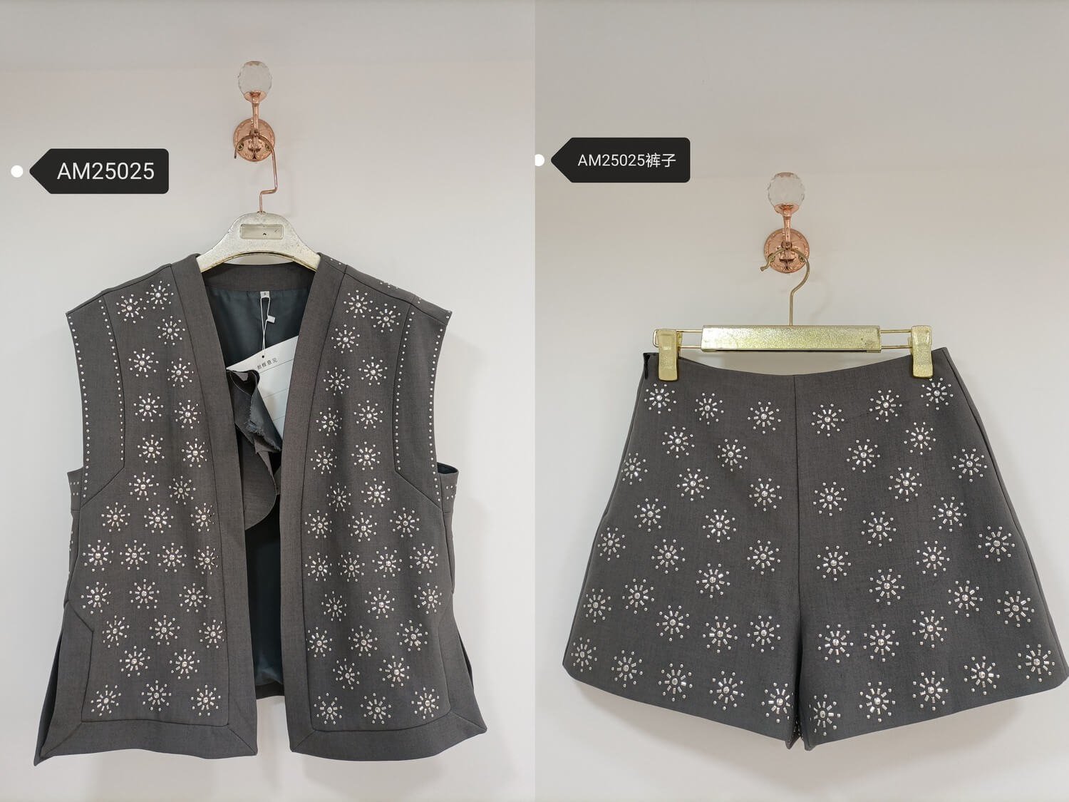 am25025 Glittering Sequin Vest & Shorts Set – full set view | MX Craft Studio|Glittering Sequin Shorts – high-waist shorts front view | MX Craft Studio|Glittering Sequin Vest – open-front waistcoat front view | MX Craft Studio