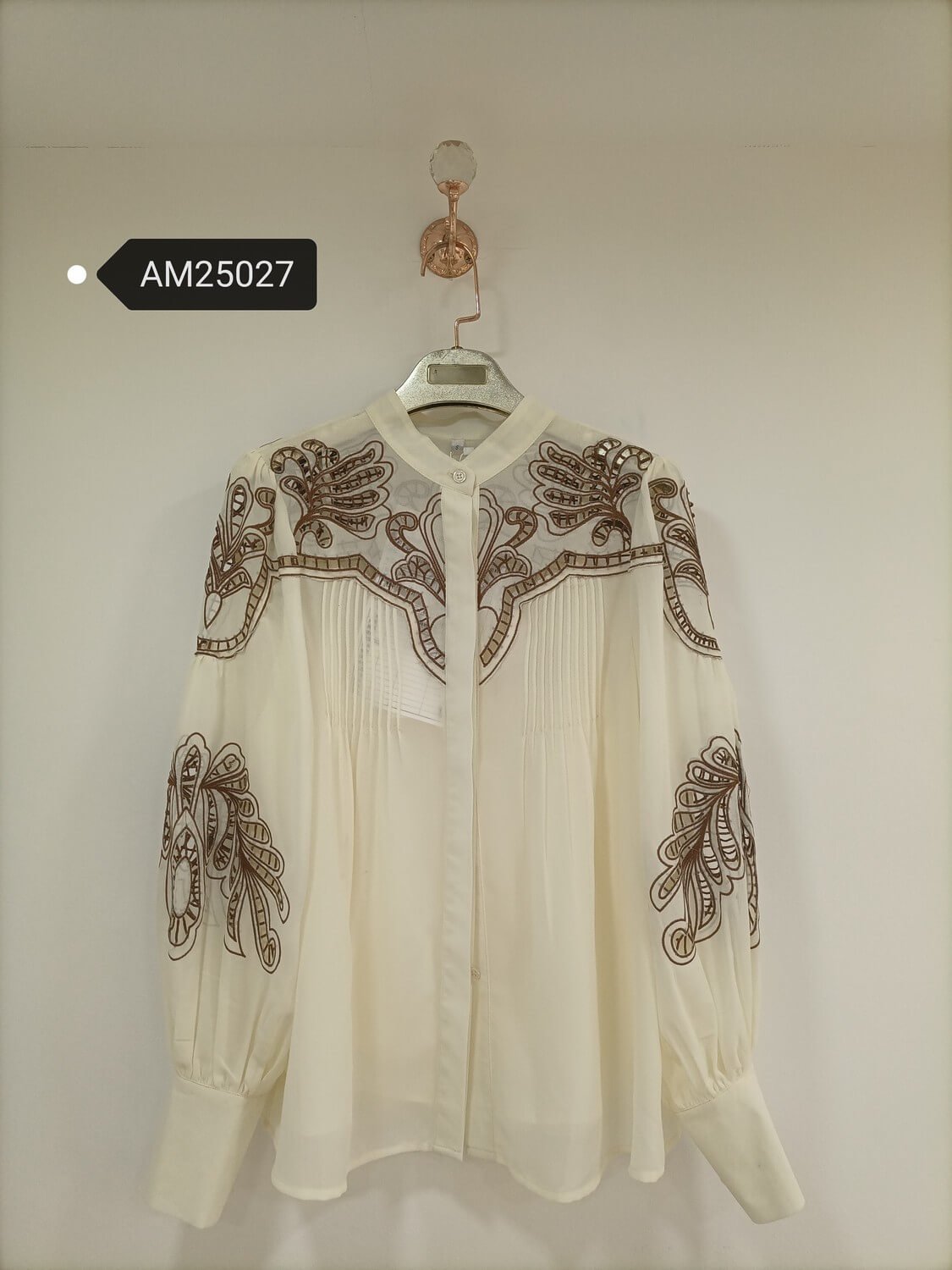 am25027 Cut-Out Leaf Embroidered Blouse – Sheer Organza Top | MX Craft Studio