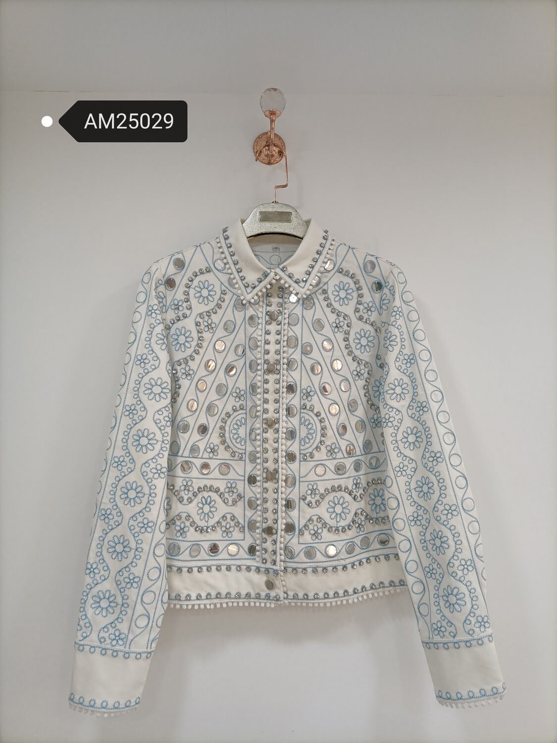 am25029 Mirror Work Embroidered Jacket – Folk Art White Blouson | MX Craft Studio