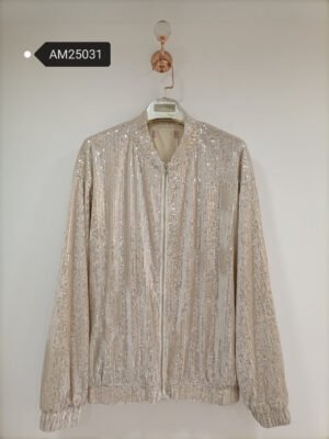 Sparkling Sequin Bomber Jacket – champagne gold front view | MX Craft Studio