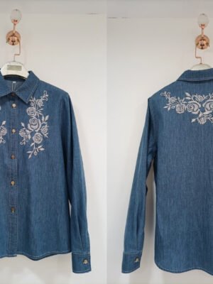 Rose Embroidered Denim Shirt – Western Front view | MX Craft Studio|Rose Embroidered Denim Shirt – back yoke embroidery detail | MX Craft Studio|Rose Embroidered Denim Shirt – light blue front view | MX Craft Studio