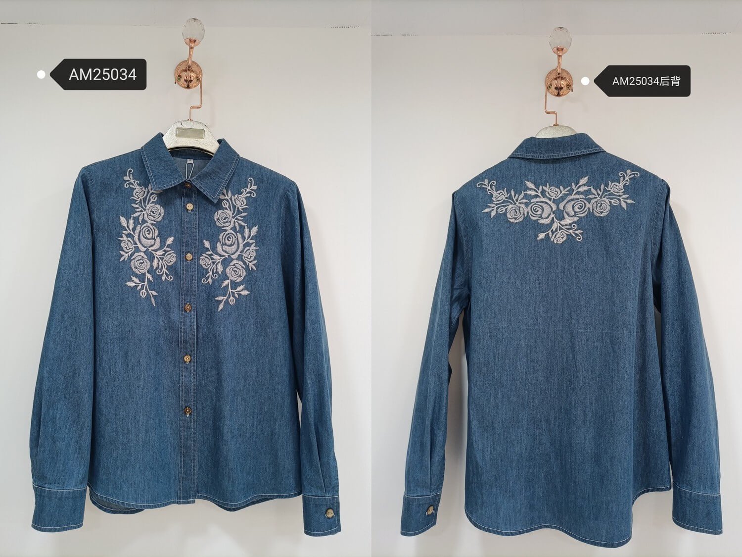 am25034 Rose Embroidered Denim Shirt – Western Front view | MX Craft Studio|Rose Embroidered Denim Shirt – back yoke embroidery detail | MX Craft Studio|Rose Embroidered Denim Shirt – light blue front view | MX Craft Studio