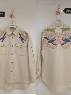 Folk Bird Embroidered Jacket – Cream Utility Front view | MX Craft Studio|Folk Bird Embroidered Jacket – colorful back yoke embroidery | MX Craft Studio