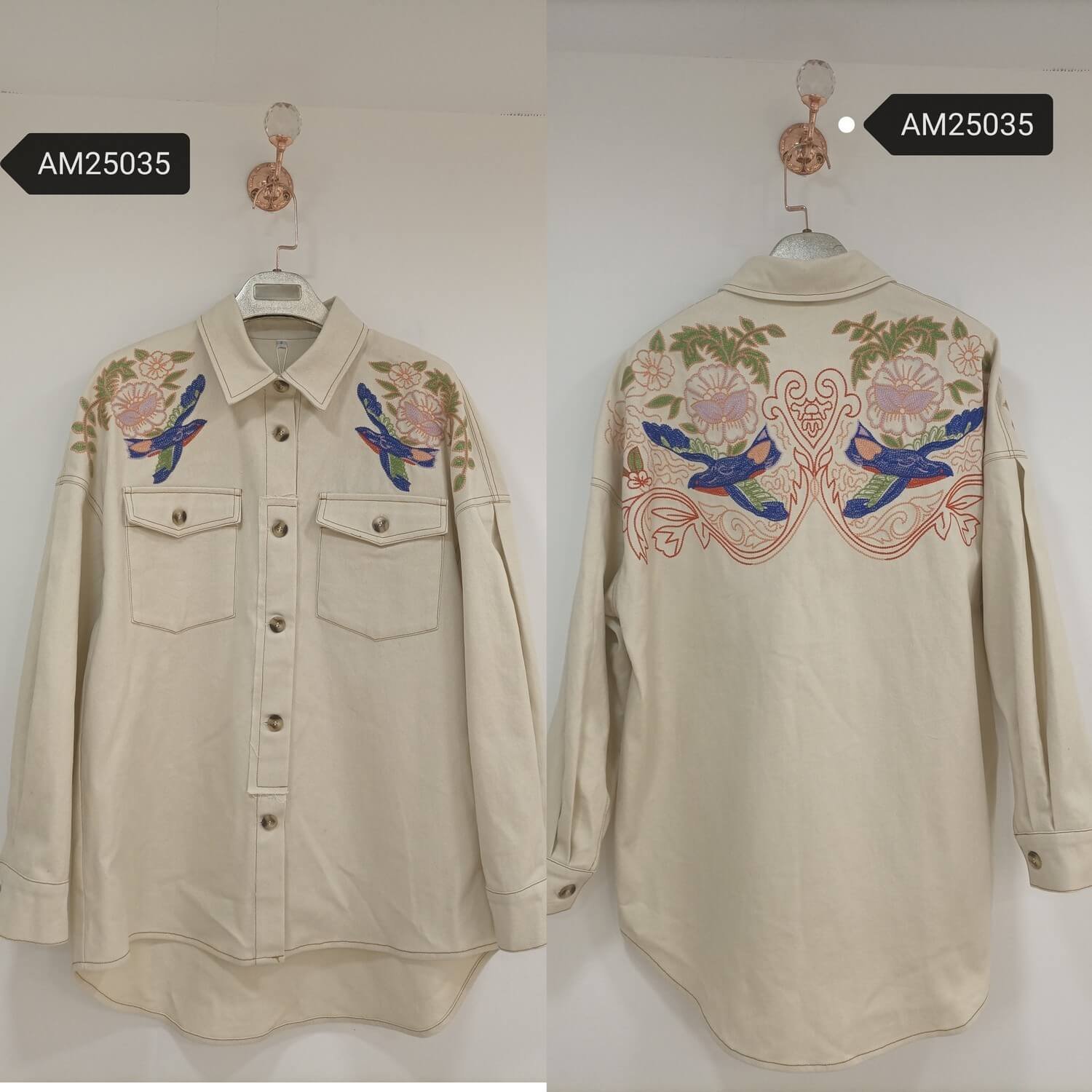 am25035 Folk Bird Embroidered Jacket – Cream Utility Front view | MX Craft Studio|Folk Bird Embroidered Jacket – colorful back yoke embroidery | MX Craft Studio