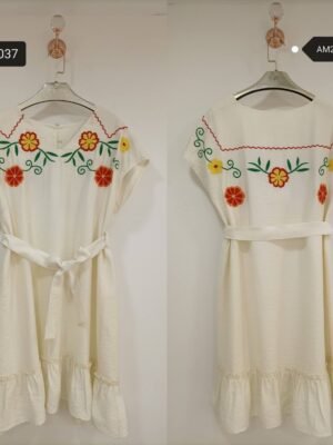 Floral Embroidered Belted Midi Dress – Satin Stitch Cotton | MX Craft Studio