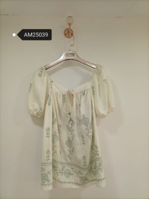 Sage Embroidered Peasant Top – Cotton Linen Paisley | MX Craft Studio