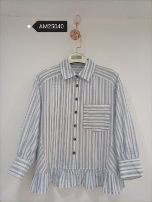 Striped Peplum Shirt – Cotton Linen Ruffle Hem | MX Craft Studio|Striped Peplum Shirt – wide stripe colorway | MX Craft Studio