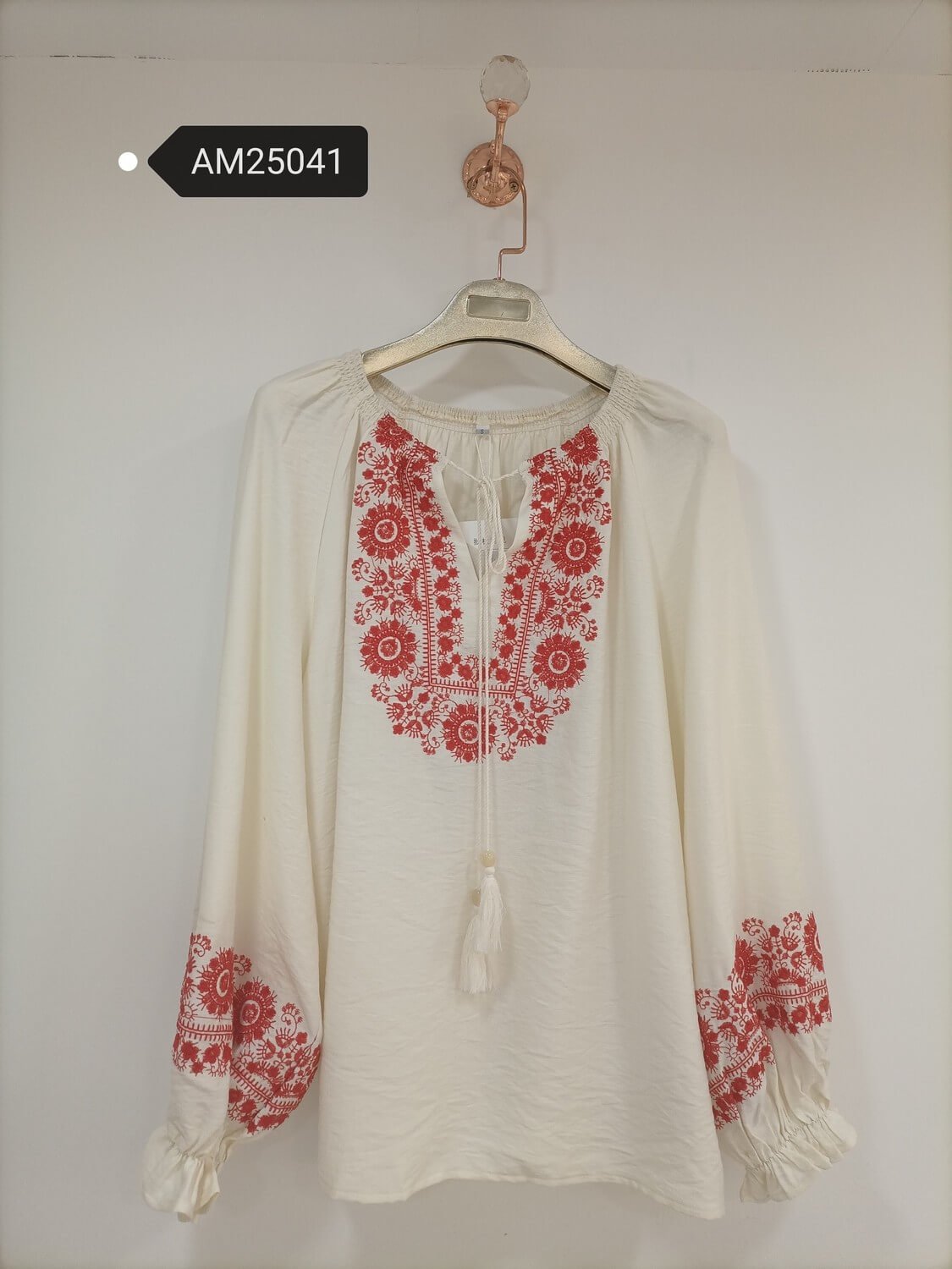 am25041 Folk Embroidered Tassel Blouse – Coral Red Cotton | MX Craft Studio|Folk Embroidered Tassel Blouse – Navy Blue colorway | MX Craft Studio