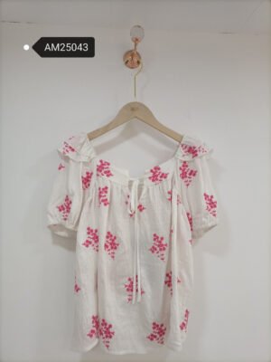 Pink Floral Embroidered Peasant Blouse – Cotton | MX Craft Studio|Pink Floral Embroidered Blouse – with matching shorts set view | MX Craft Studio