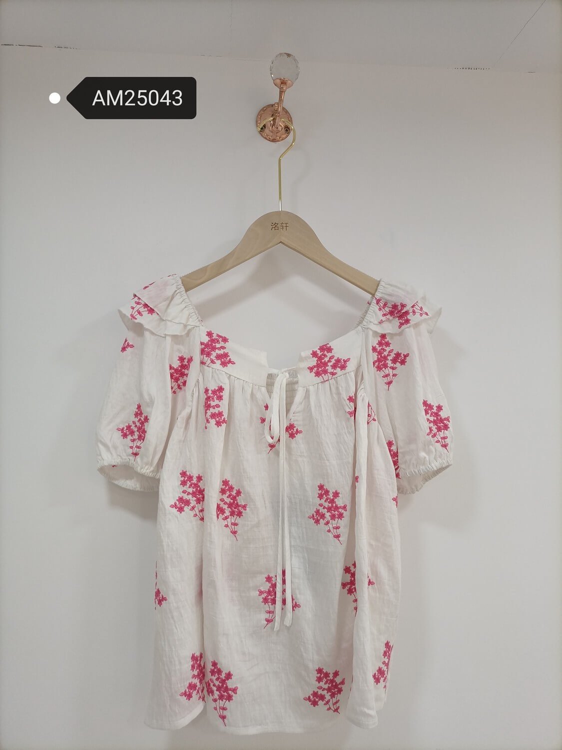 am25043 Pink Floral Embroidered Peasant Blouse – Cotton | MX Craft Studio|Pink Floral Embroidered Blouse – with matching shorts set view | MX Craft Studio