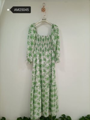 Green Floral Smocked Maxi Dress – Cotton Tiered Skirt | MX Craft Studio