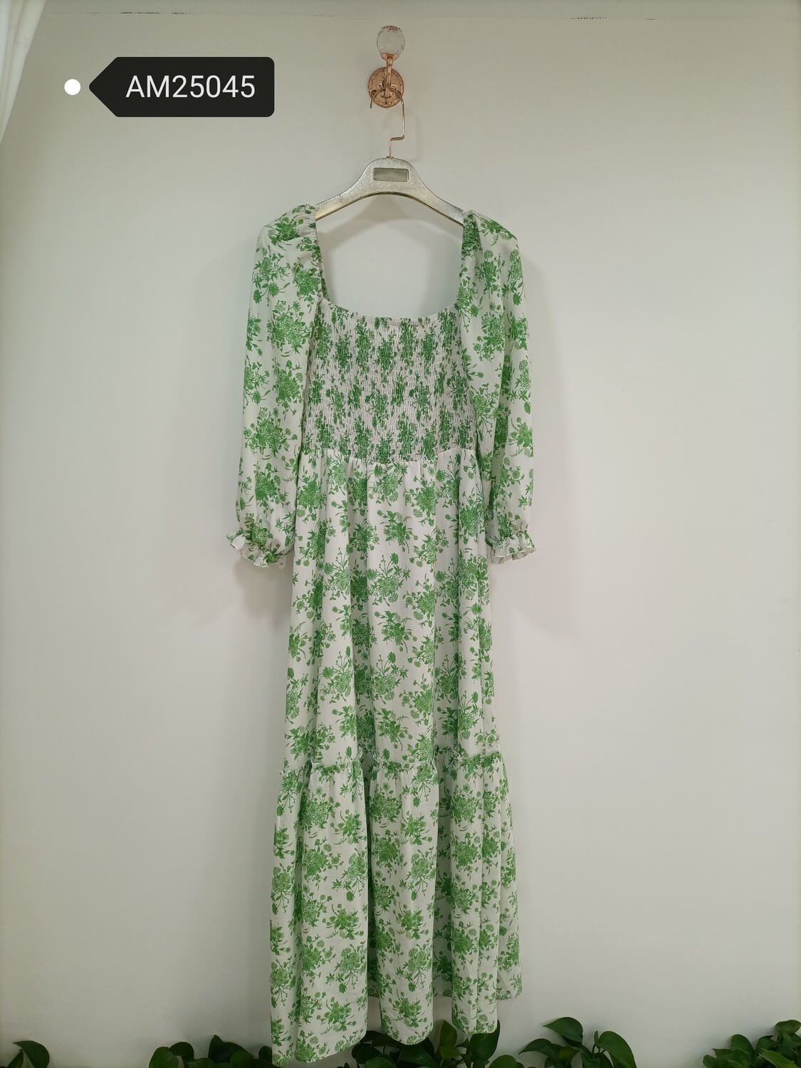am25045 Green Floral Smocked Maxi Dress – Cotton Tiered Skirt | MX Craft Studio