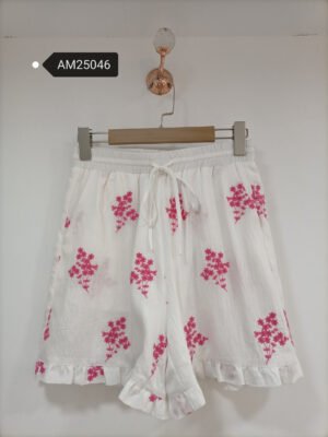 Pink Floral Embroidered Ruffle Shorts – Cotton Set | MX Craft Studio
