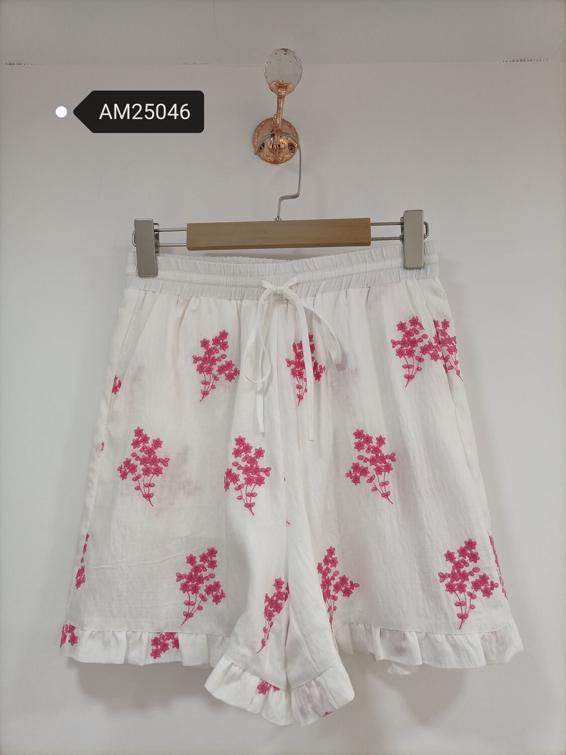 am25046 Pink Floral Embroidered Ruffle Shorts – Cotton Set | MX Craft Studio