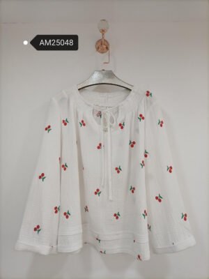 Cherry Embroidered Bell Sleeve Blouse – Cotton Double Gauze | MX Craft Studio