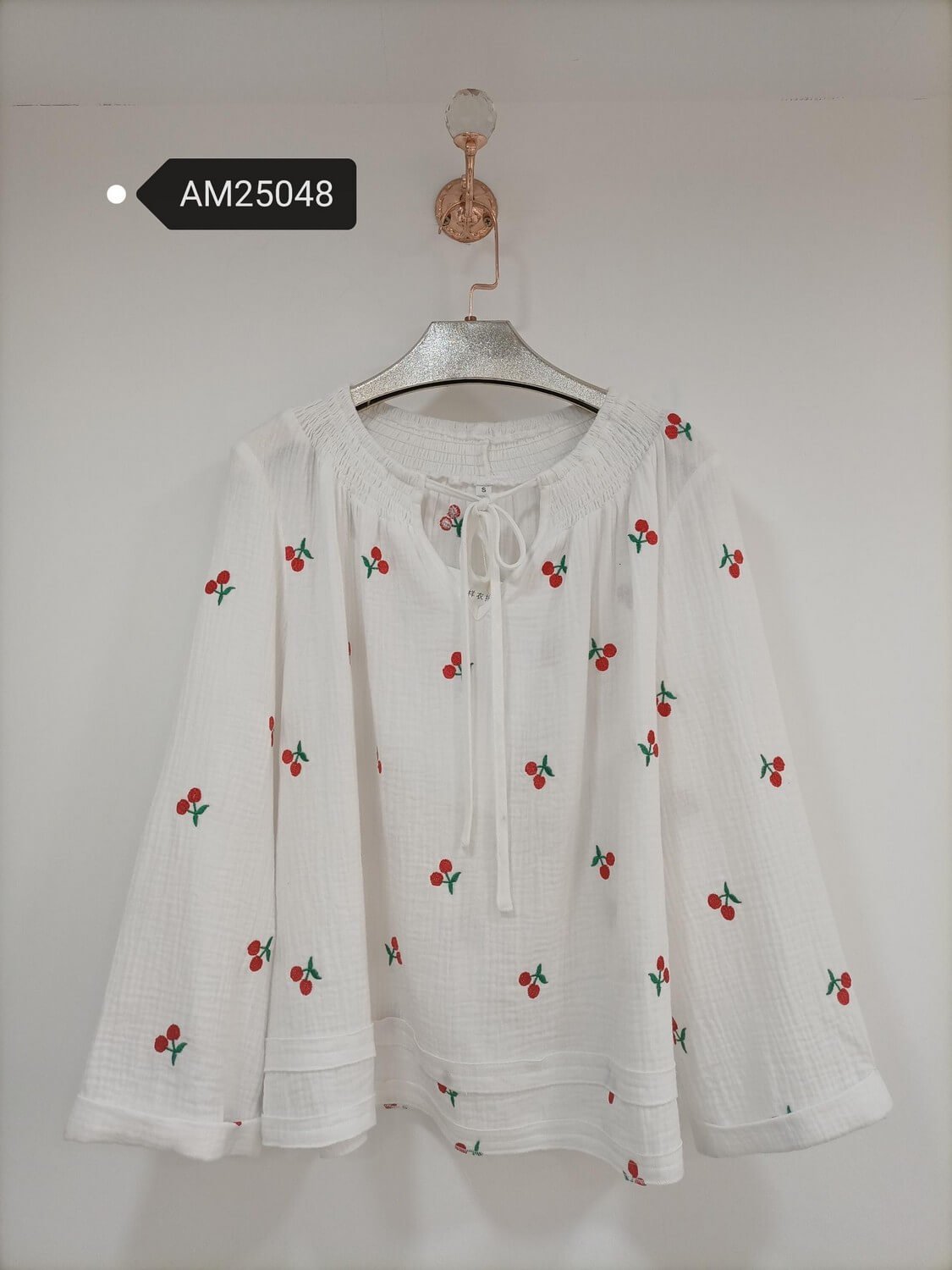 am25048 Cherry Embroidered Bell Sleeve Blouse – Cotton Double Gauze | MX Craft Studio