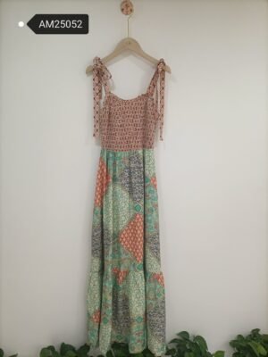 Patchwork Print Smocked Maxi Dress – Teal Colorway | MX Craft Studio