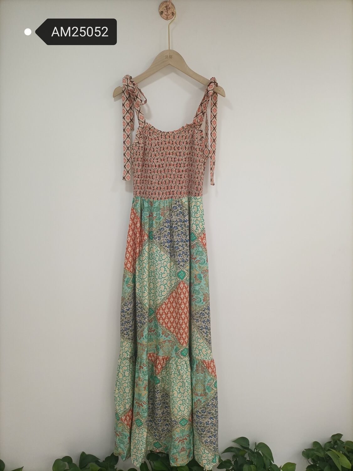 am25052 Patchwork Print Smocked Maxi Dress – Teal Colorway | MX Craft Studio