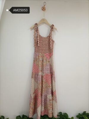 Patchwork Print Smocked Maxi Dress – Red Colorway | MX Craft Studio