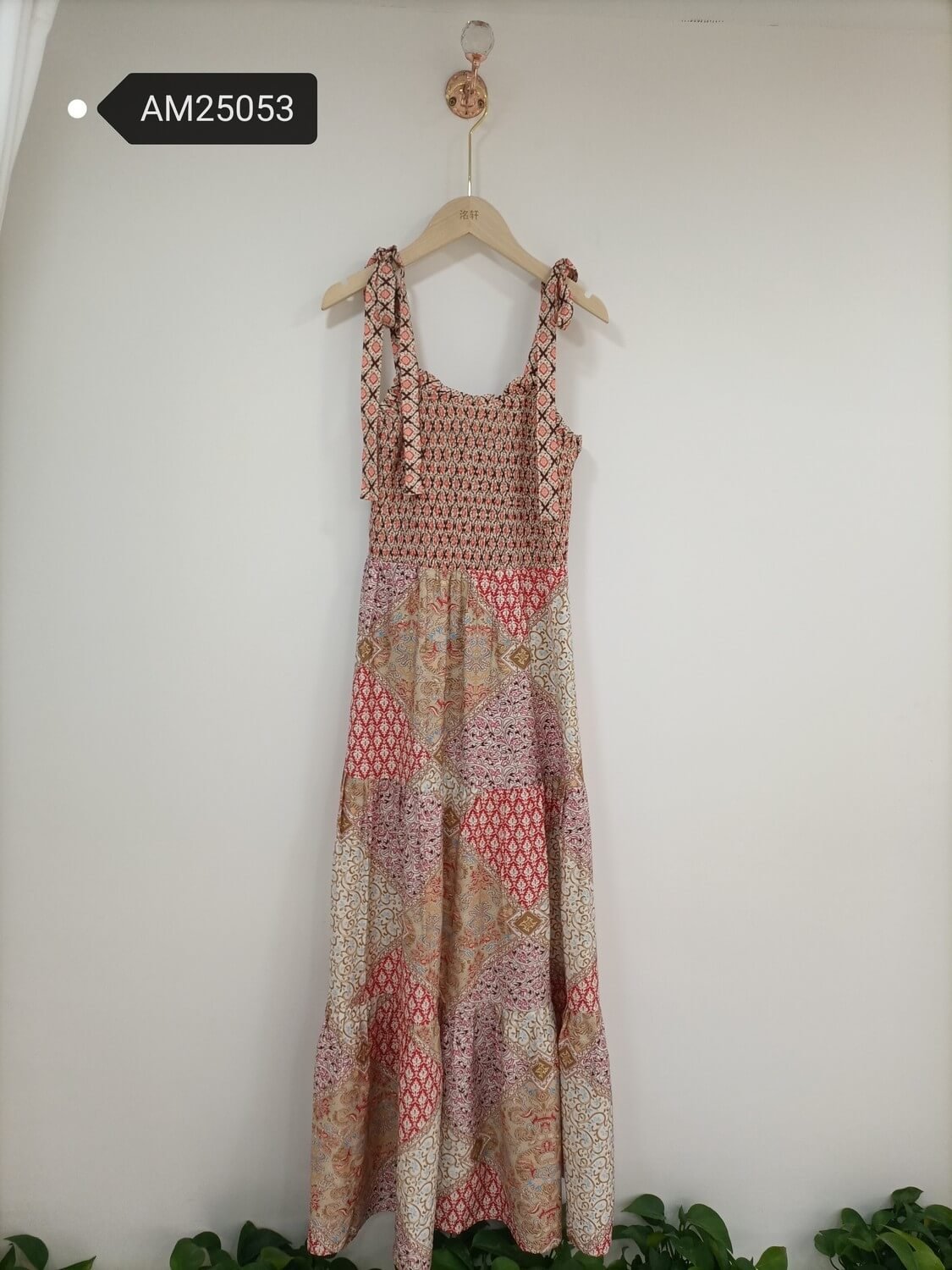 am25053 Patchwork Print Smocked Maxi Dress – Red Colorway | MX Craft Studio
