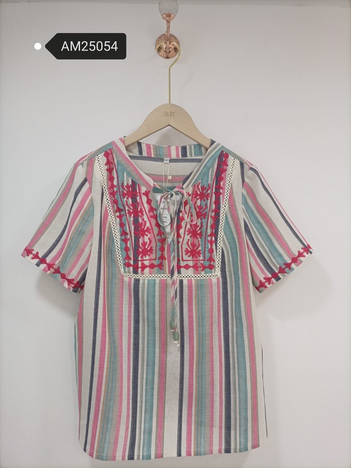 am25054 Multistripe Embroidered Yoke Blouse – Cotton Linen Crochet | MX Craft Studio