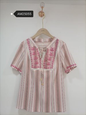 Pink Stripe Embroidered Yoke Blouse – Cotton Linen Lace Trim | MX Craft Studio