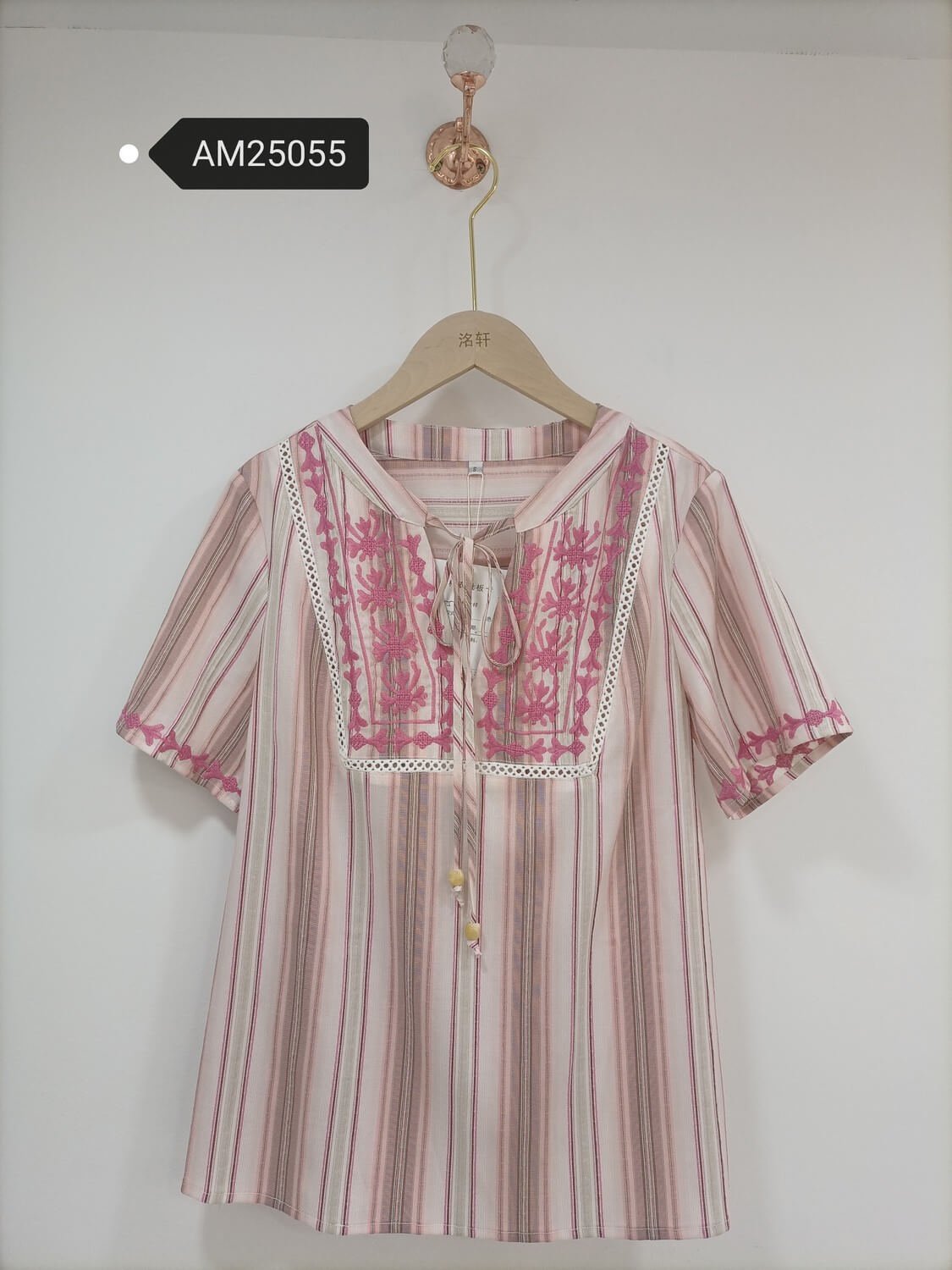 am25055 Pink Stripe Embroidered Yoke Blouse – Cotton Linen Lace Trim | MX Craft Studio
