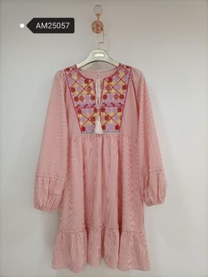Cross-Stitch Embroidered Tiered Dress – Striped Cotton | MX Craft Studio