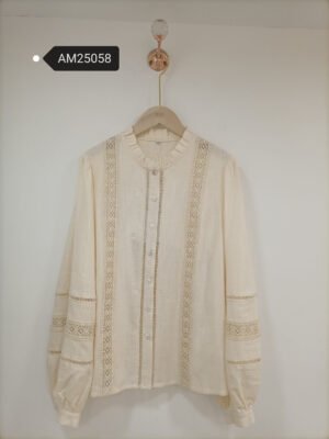 Lace Insertion Panel Blouse – Cotton Linen Ruffle Collar | MX Craft Studio