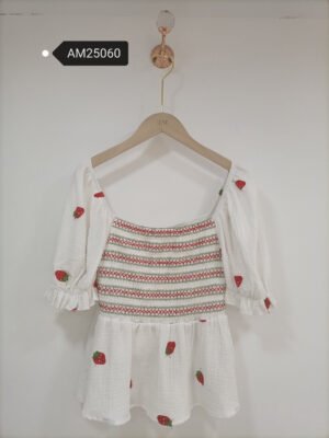 Strawberry Embroidered Smocked Peplum Top – Cotton Muslin | MX Craft Studio