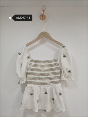 Palm Tree Embroidered Smocked Peplum Top – Cotton Muslin | MX Craft Studio