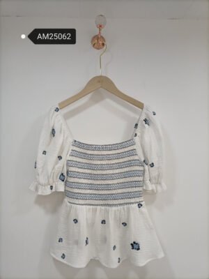 Blue Flower Embroidered Smocked Peplum Top – Cotton Muslin | MX Craft Studio