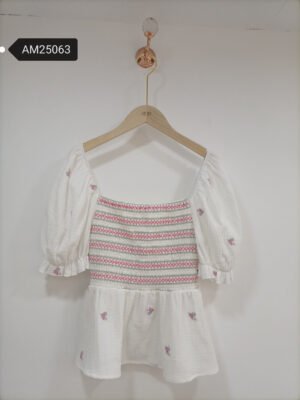 Pink Flower Embroidered Smocked Peplum Top – Cotton Muslin | MX Craft Studio