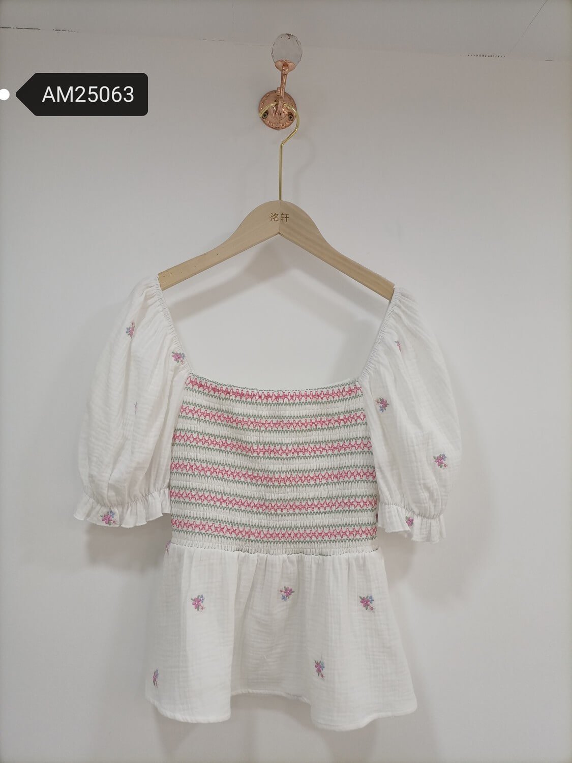 am25063 Pink Flower Embroidered Smocked Peplum Top – Cotton Muslin | MX Craft Studio