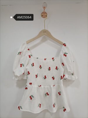 Cherry Embroidered Smocked Peplum Top – Cotton Muslin | MX Craft Studio