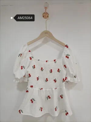 Cherry Embroidered Smocked Peplum Top – Cotton Muslin | XM Fashion Mfg