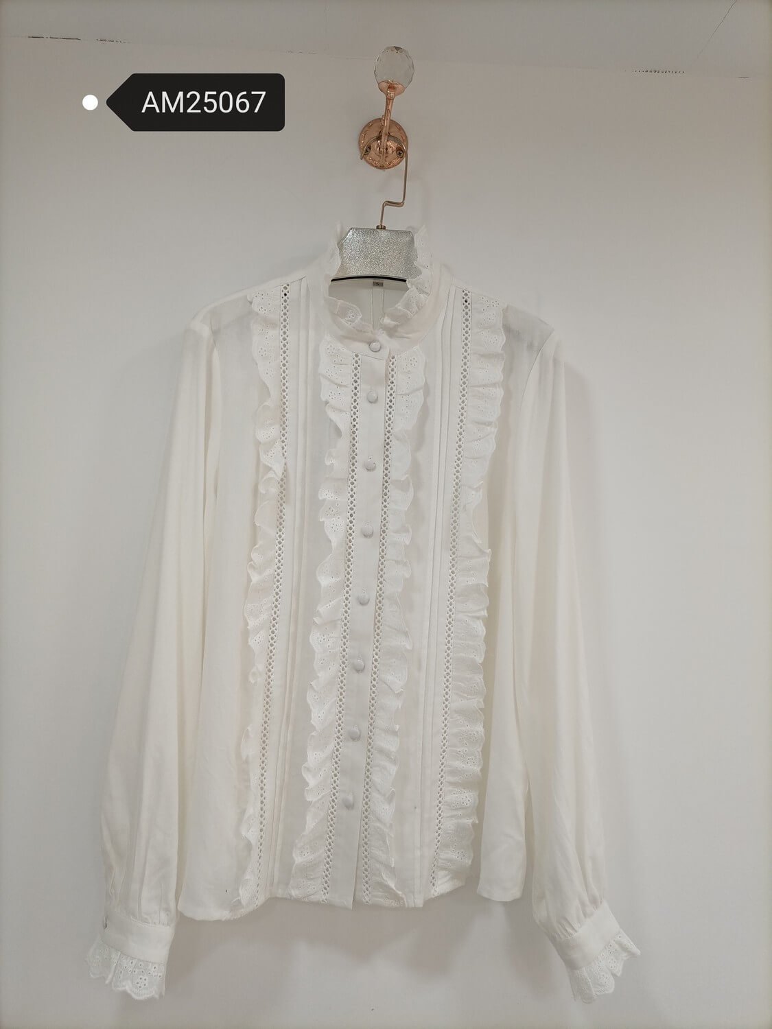am25067 Eyelet Ruffle Front Blouse – Ladder Lace Insets | MX Craft Studio