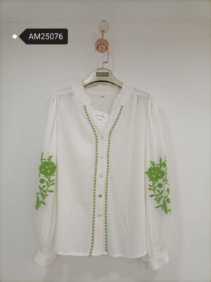 Embroidered V-Neck Blouse – floral sleeve detail | XM Fashion Mfg