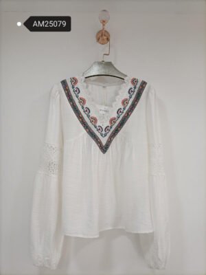 Geometric Embroidered V-Neck Blouse – colorful embroidery | XM Fashion Mfg